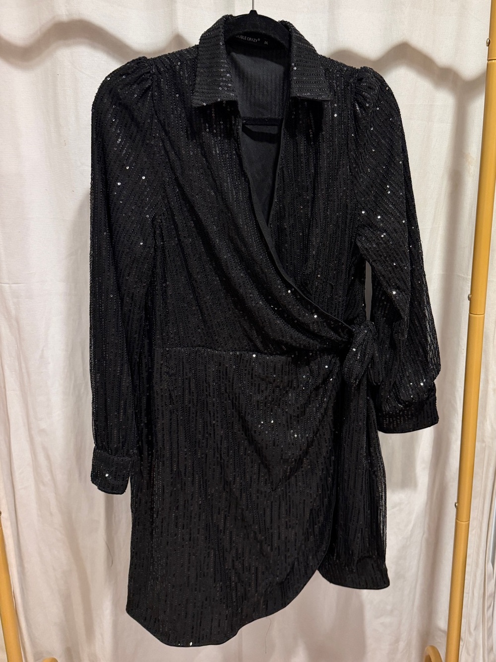 Black Sequin Wrap Dress with Puff Sleeves